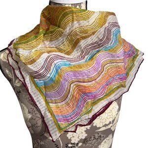 Vintage Star Crepe Multicolor Wavy Stripes Nylon Square Scarf Made In Japan